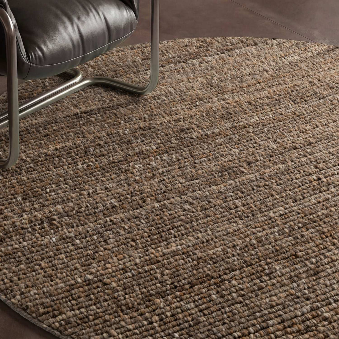Brown colour rug, weave design, durable softness, hand-made, cotton backing, wool-effect, easy care.