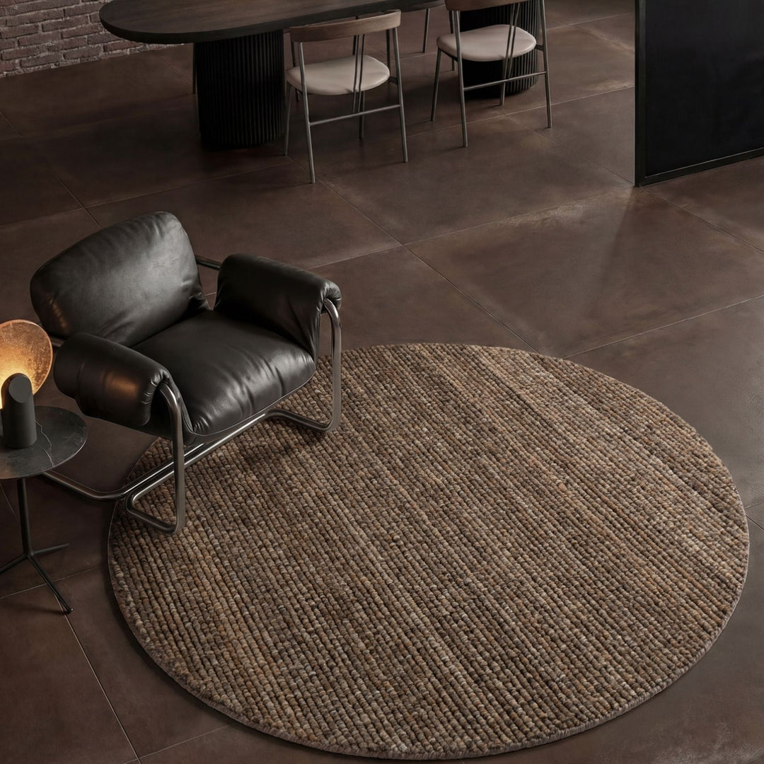 Brown colour rug, weave design, durable softness, hand-made, cotton backing, wool-effect, easy care.