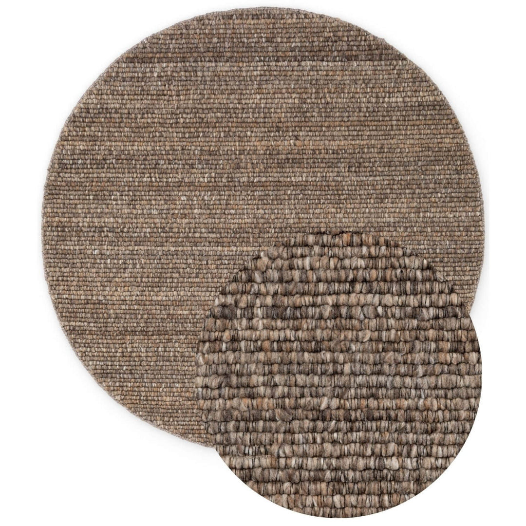Brown colour rug, weave design, durable softness, hand-made, cotton backing, wool-effect, easy care.