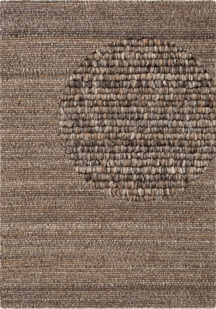 Brown colour rug, weave design, durable softness, hand-made, cotton backing, wool-effect, easy care.