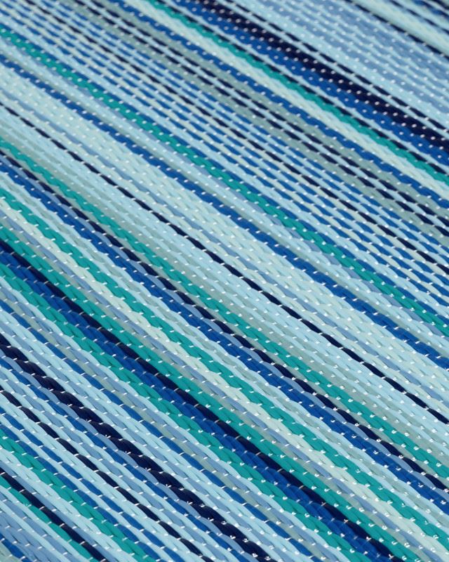 Blue striped geometric pattern on a Rainbow Outdoor Rug, perfect for stylish and vibrant outdoor decor.