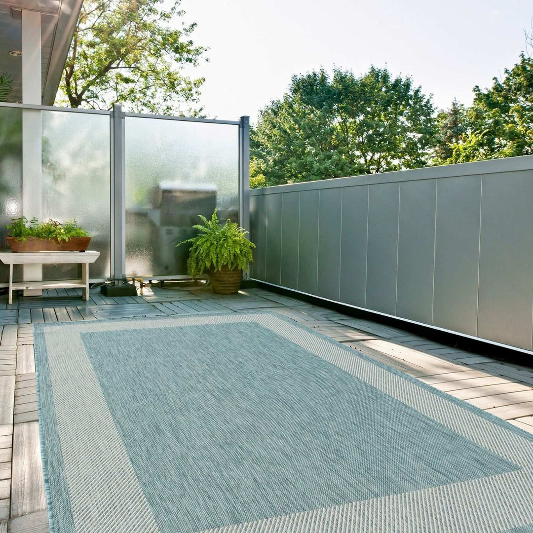 Bordered Design Outdoor Rug for Garden in Aqua | The Rugs