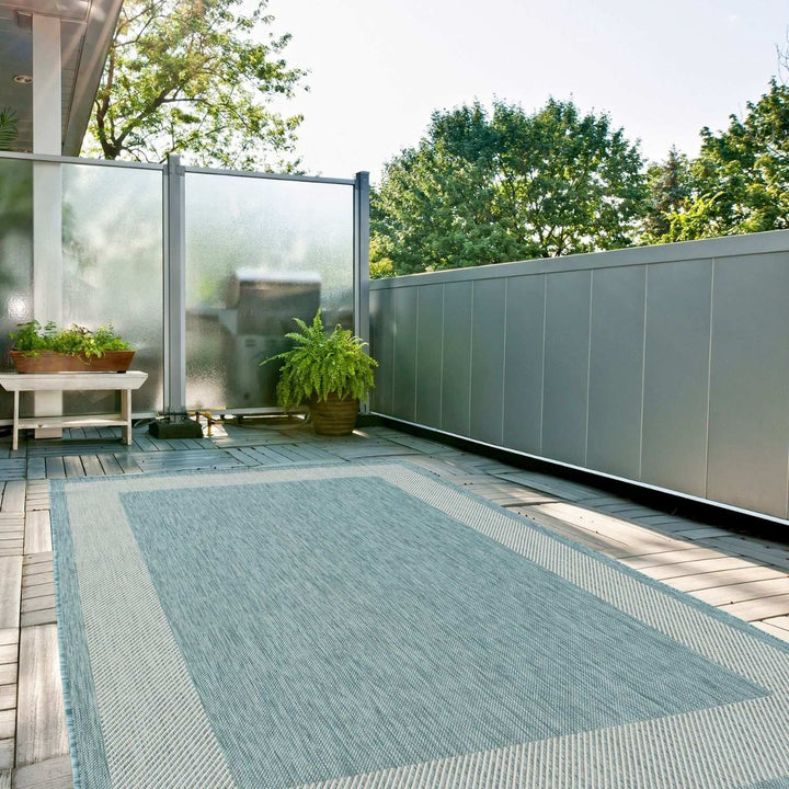 Bordered Design Outdoor Rug for Garden in Aqua | The Rugs