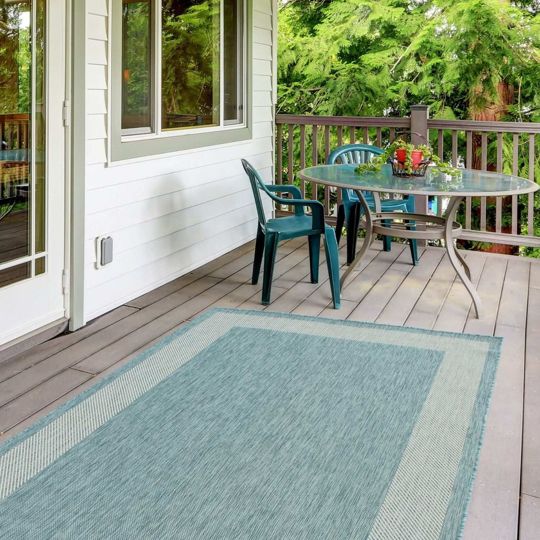 Bordered Design Outdoor Rug for Garden in Aqua | The Rugs