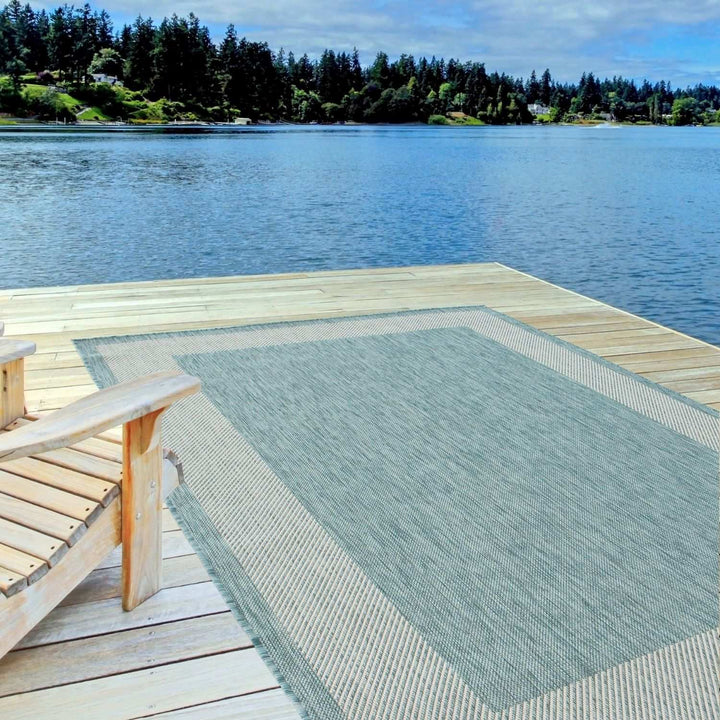 Bordered Design Outdoor Rug for Garden in Aqua | The Rugs