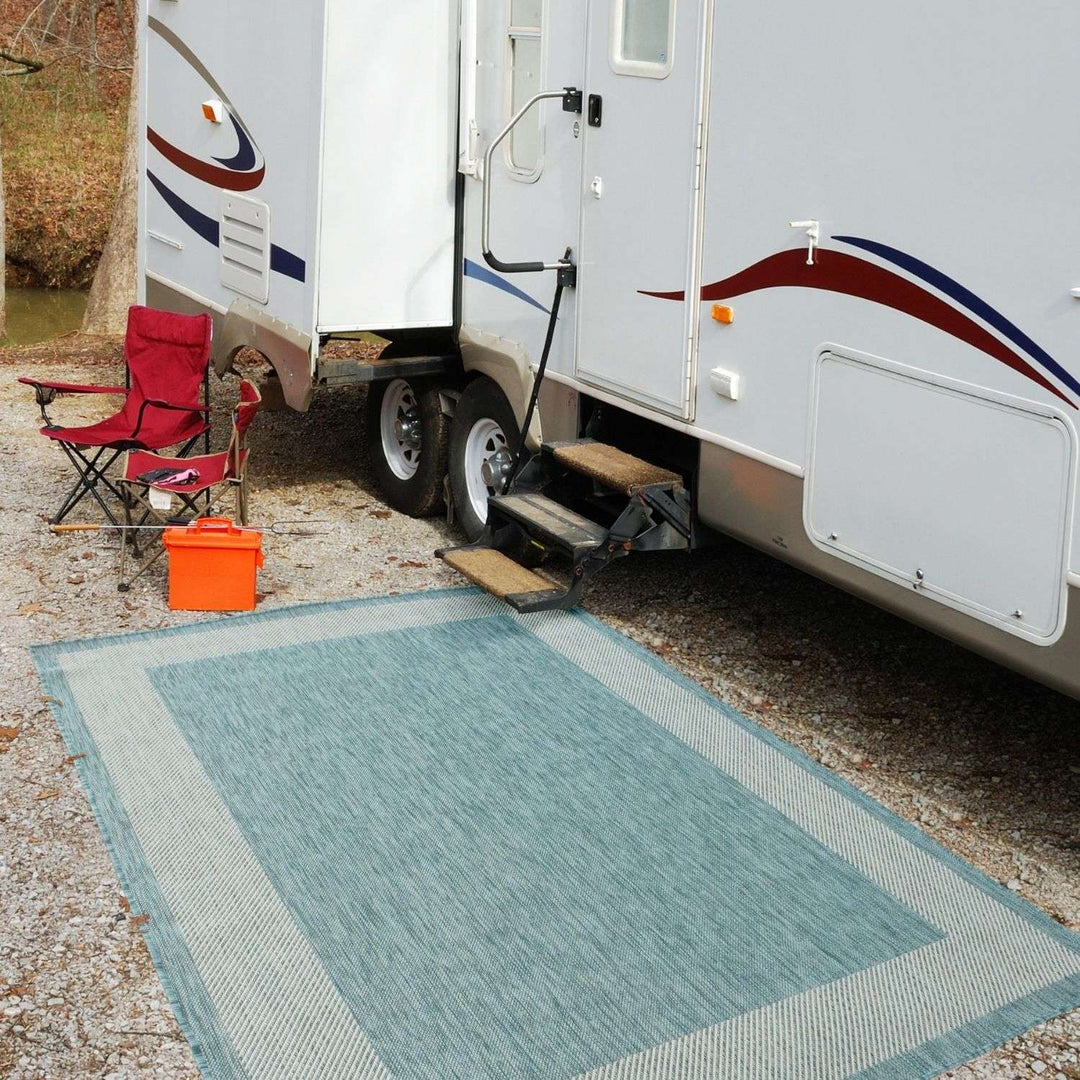 Bordered Design Outdoor Rug for Garden in Aqua | The Rugs