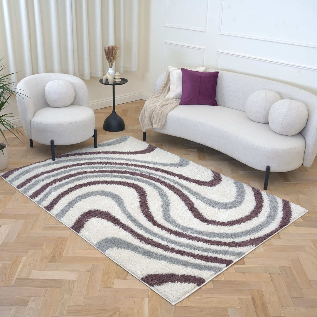 Moodi Shaggy Grey/Purple rug, striped design, soft pile | THE RUGS