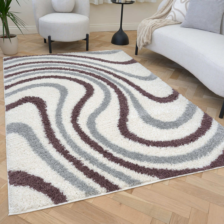Moodi Shaggy Grey/Purple rug, striped design, soft pile | THE RUGS