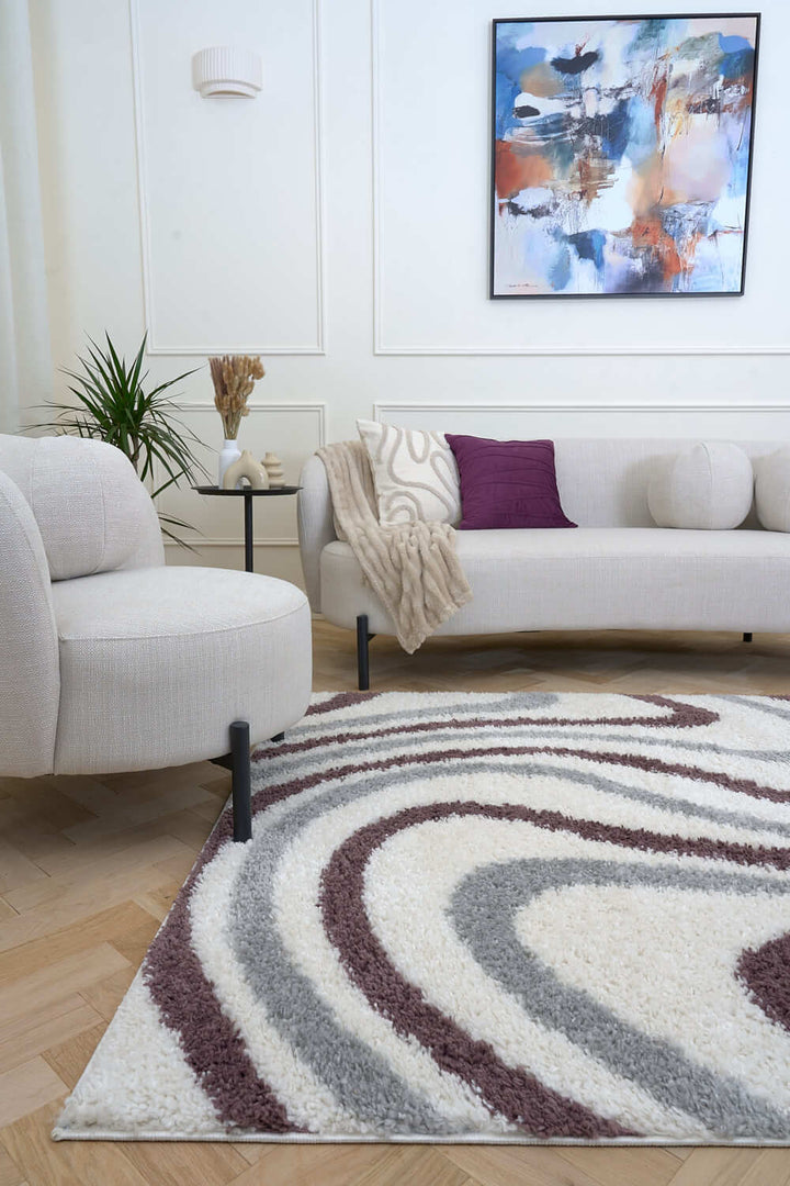 Moodi Shaggy Grey/Purple rug, striped design, soft pile | THE RUGS