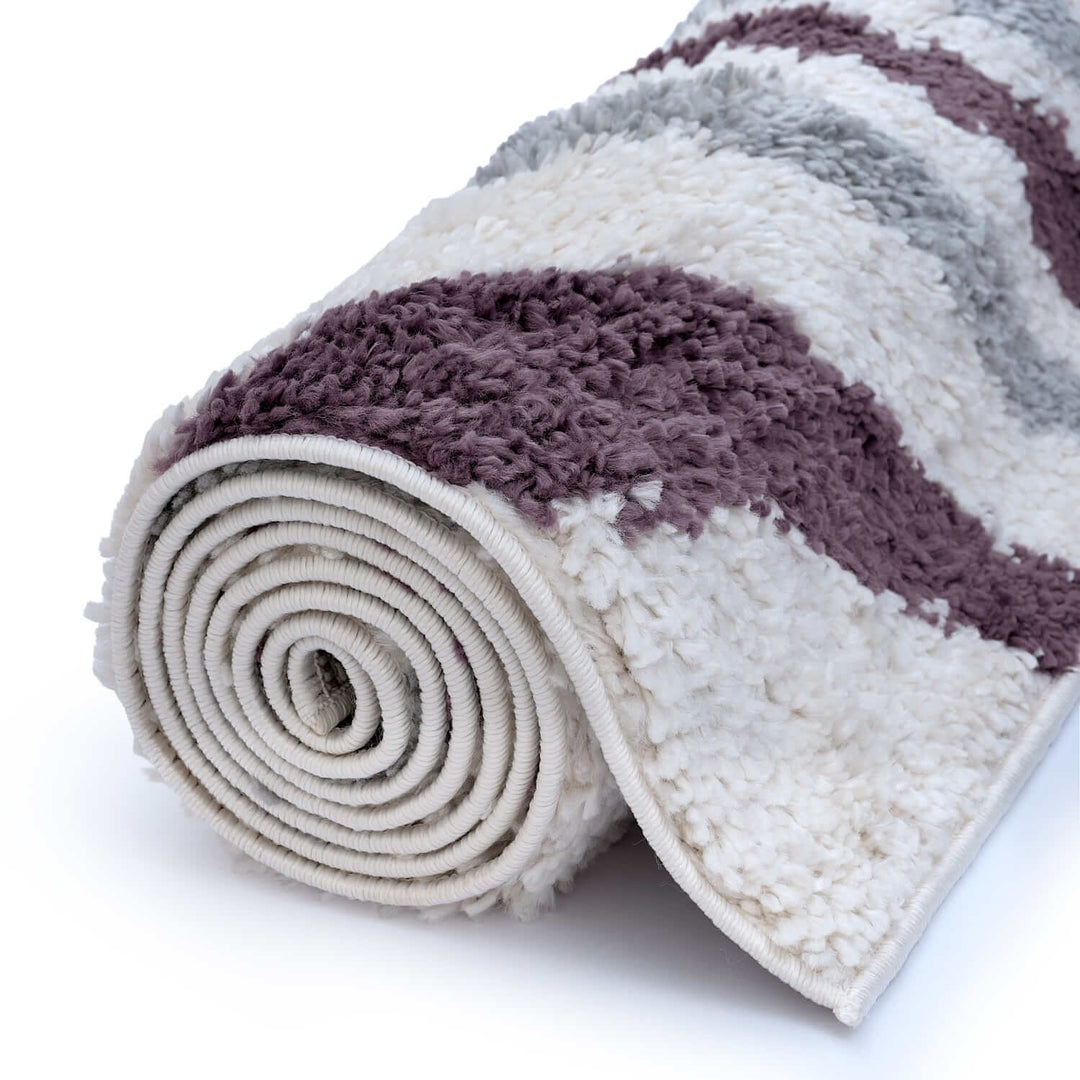 Moodi Shaggy Grey/Purple rug, striped design, soft pile | THE RUGS