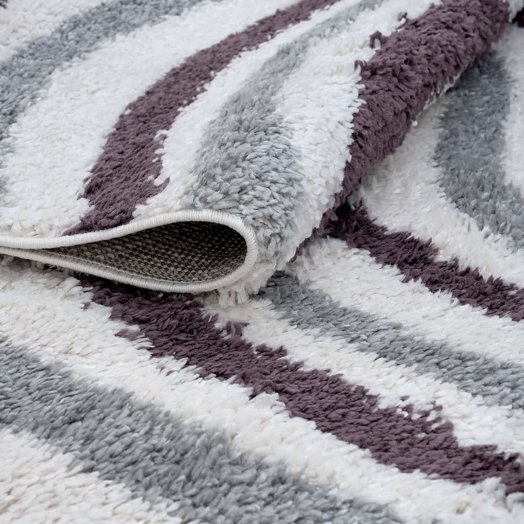 Moodi Shaggy Grey/Purple rug, striped design, soft pile | THE RUGS