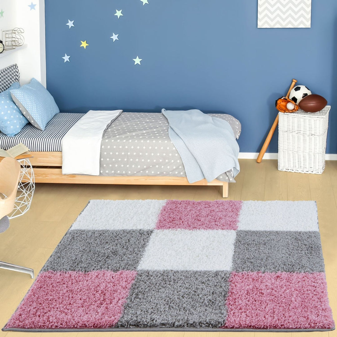 Geometric Design Thick Shaggy Area Rugs Pink