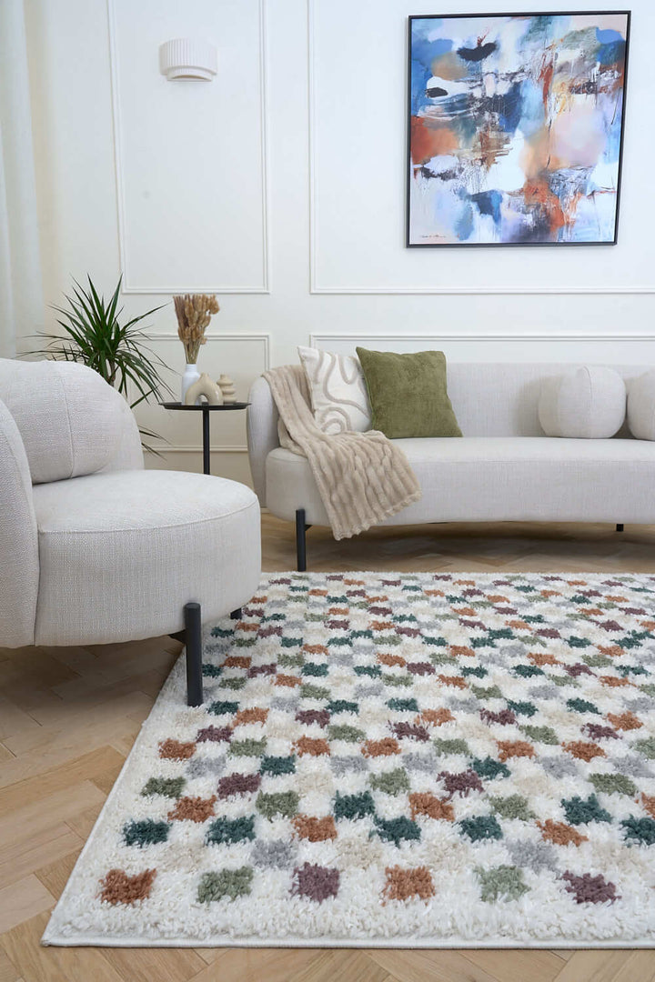 Moodi Shaggy Multicolour Rug, tartan design, high & fluffy pile | THE RUGS