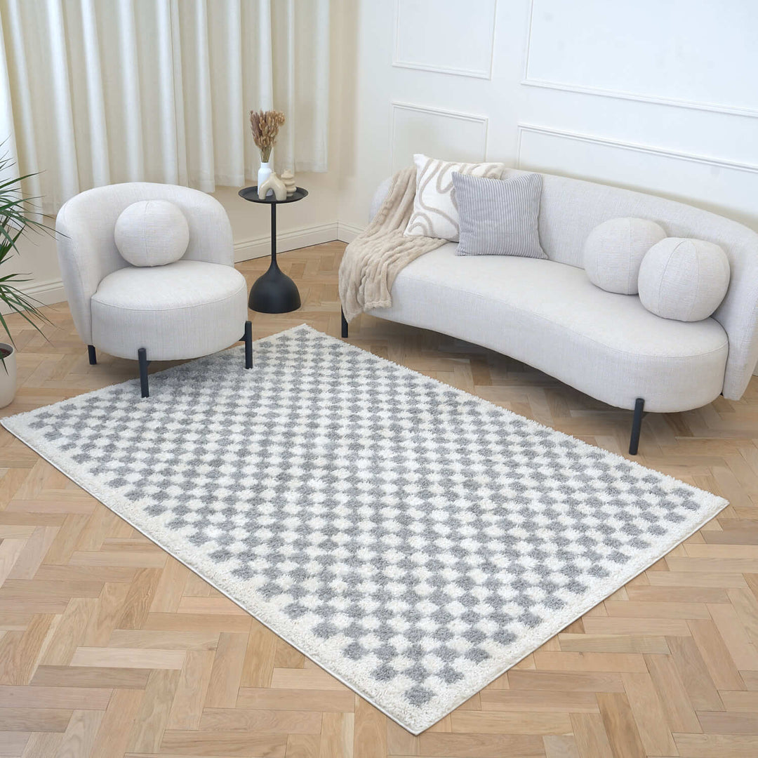 Moodi Shaggy Grey Rug, Tartan design, Underfloor heating | THE RUGS