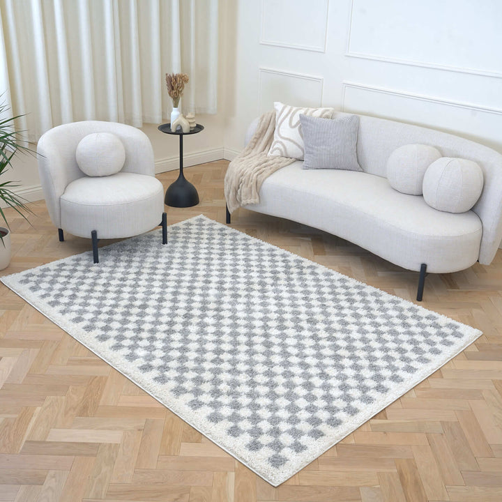 Moodi Shaggy Grey Rug, Tartan design, Underfloor heating | THE RUGS