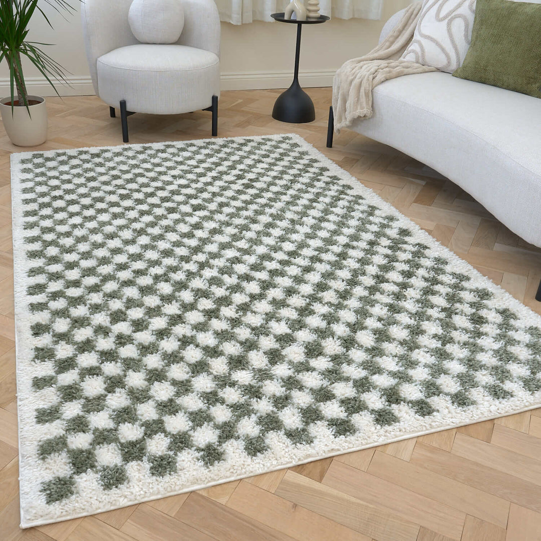 Moodi shaggy Green tartan design rug, Fluffy & soft pile | THE RUGS