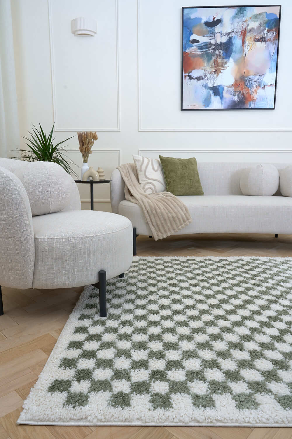 Moodi shaggy Green tartan design rug, Fluffy & soft pile | THE RUGS