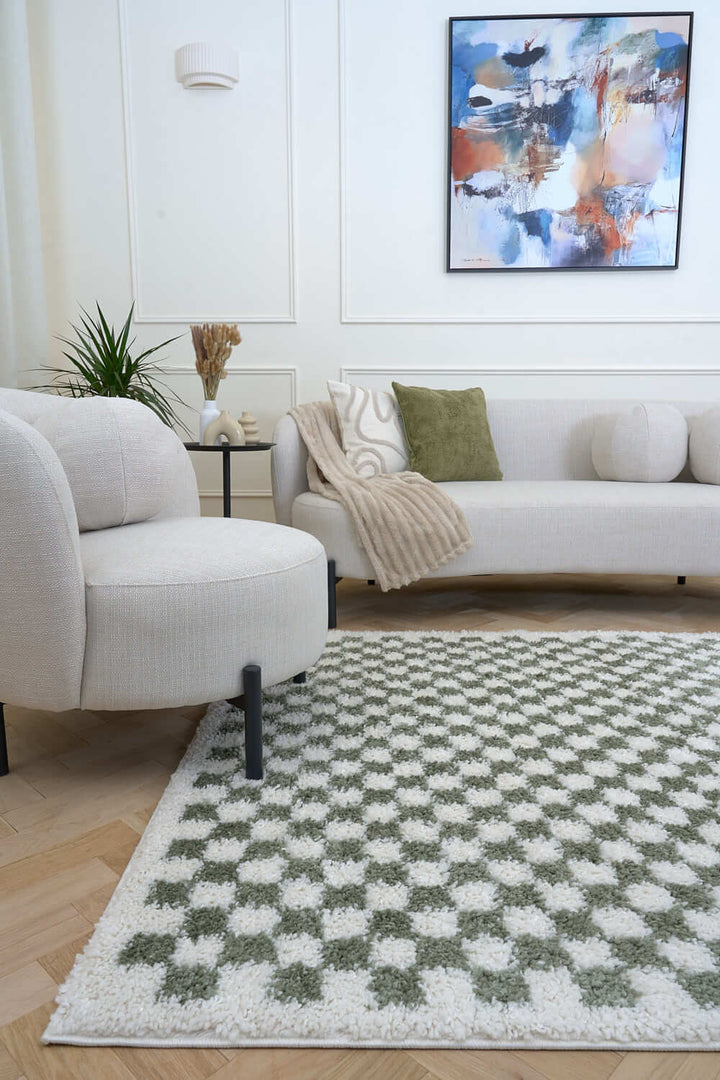 Moodi shaggy Green tartan design rug, Fluffy & soft pile | THE RUGS