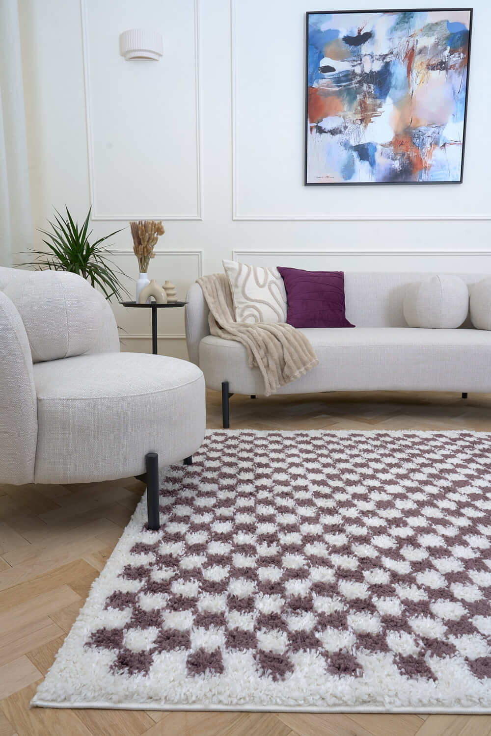 Moodi Shaggy Purple Rug, tartana design, Easy maintenance | THE RUGS