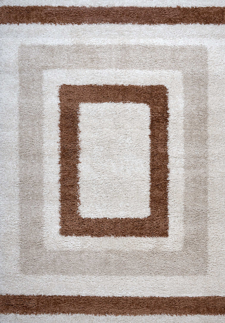 Moodi Shaggy Cream/Brown Rug, Bordered design, easy to clean, fluffy pile| THE RUGS