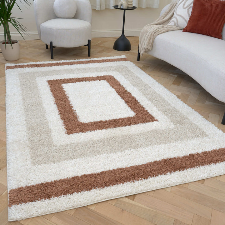Moodi Shaggy Cream/Brown Rug, Bordered design, easy to clean, fluffy pile| THE RUGS
