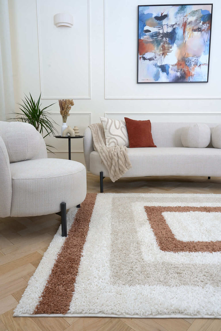 Moodi Shaggy Cream/Brown Rug, Bordered design, easy to clean, fluffy pile| THE RUGS