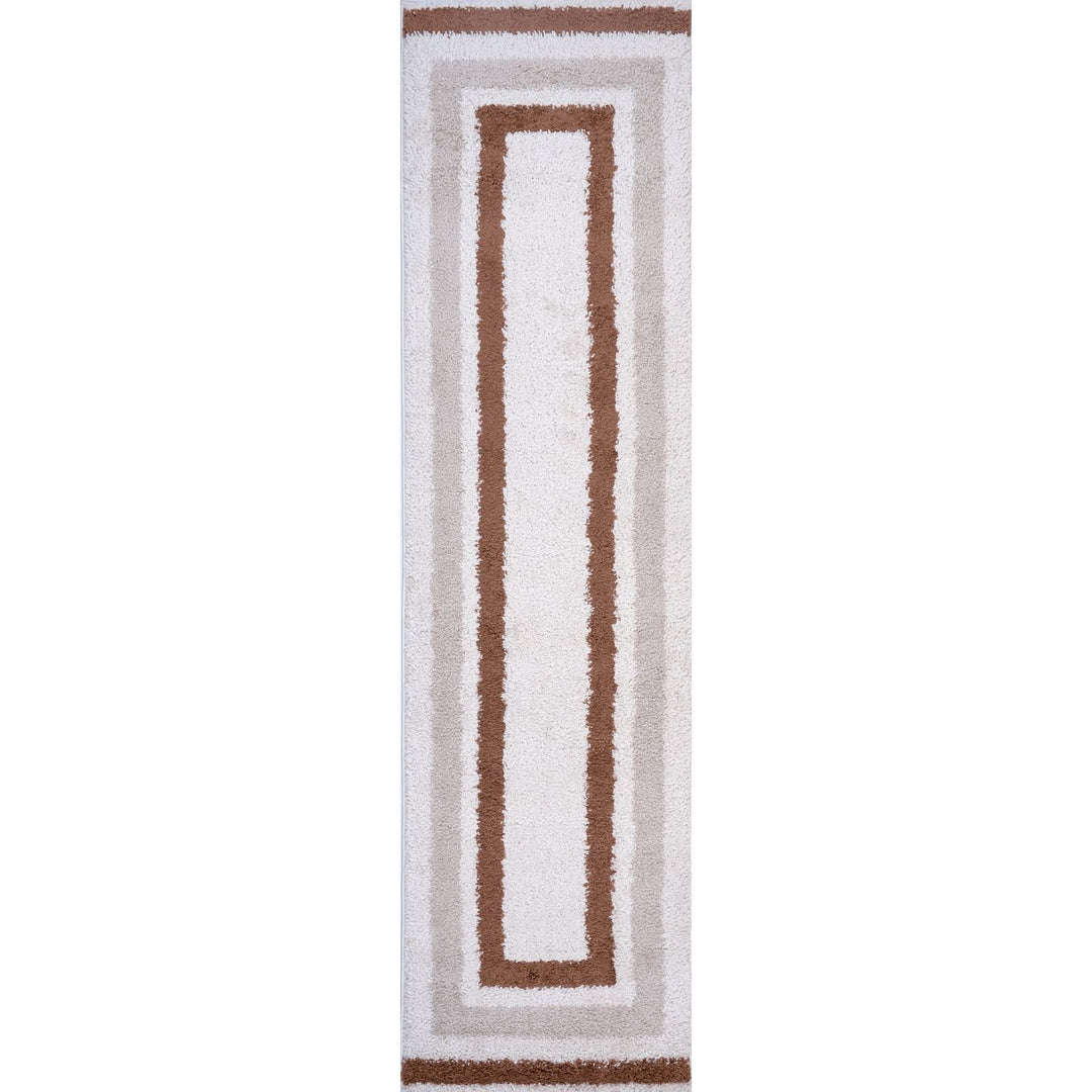 Moodi Shaggy Cream/Brown Rug, Bordered design, easy to clean, fluffy pile| THE RUGS