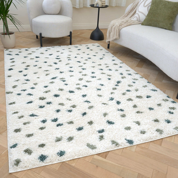 Moodi Shaggy Green Rug, Dots design, Underfloor heating | THE RUGS