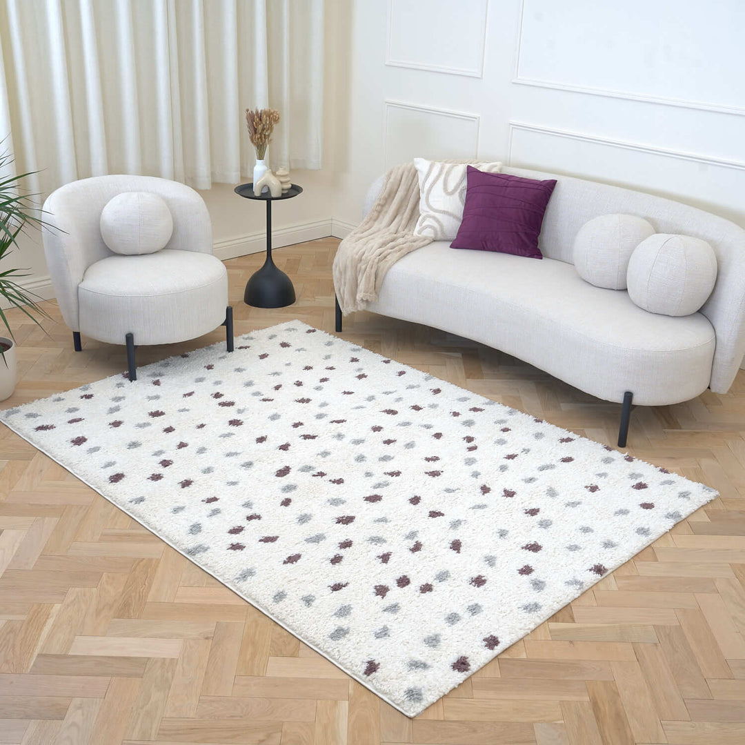 Moodi Shaggy Grey/Purple Rug, dots design, underfloor heating rug | THE RUGS