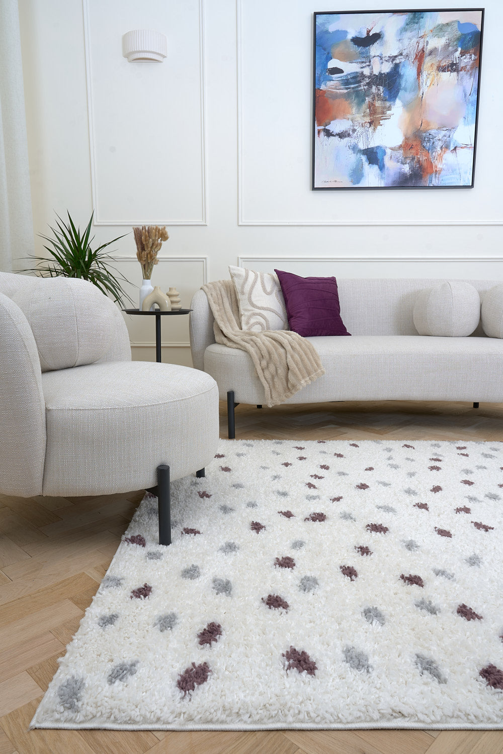 Moodi Shaggy Grey/Purple Rug, dots design, underfloor heating rug | THE RUGS