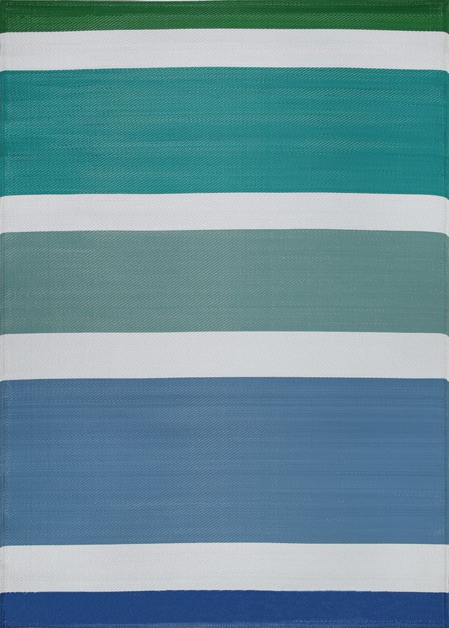 Vibrant blue and green striped outdoor rug with geometric patterns adds modern flair to any space.