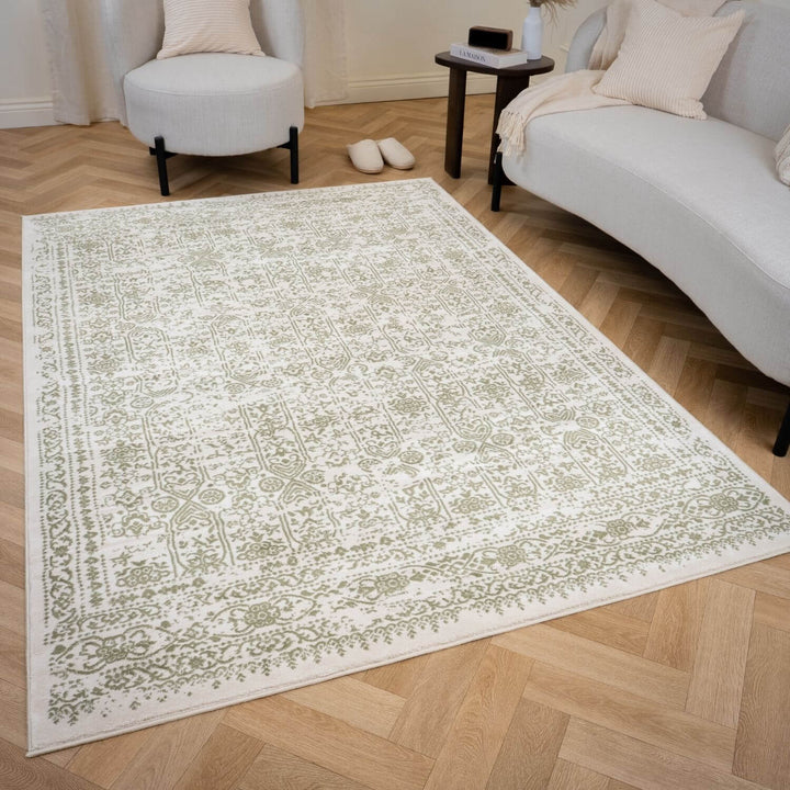Montana Vintage Cream Green Rug, Effortless Upkeep, stain-resistant, fade-resistant, eco-friendly | The Rugs