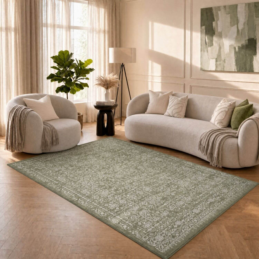 Montana Vintage Green Rug, Effortless Upkeep, stain-resistant, fade-resistant, eco-friendly | The Rugs