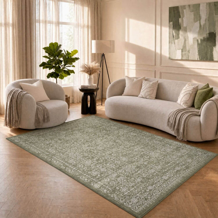 Montana Vintage Green Rug, Effortless Upkeep, stain-resistant, fade-resistant, eco-friendly | The Rugs