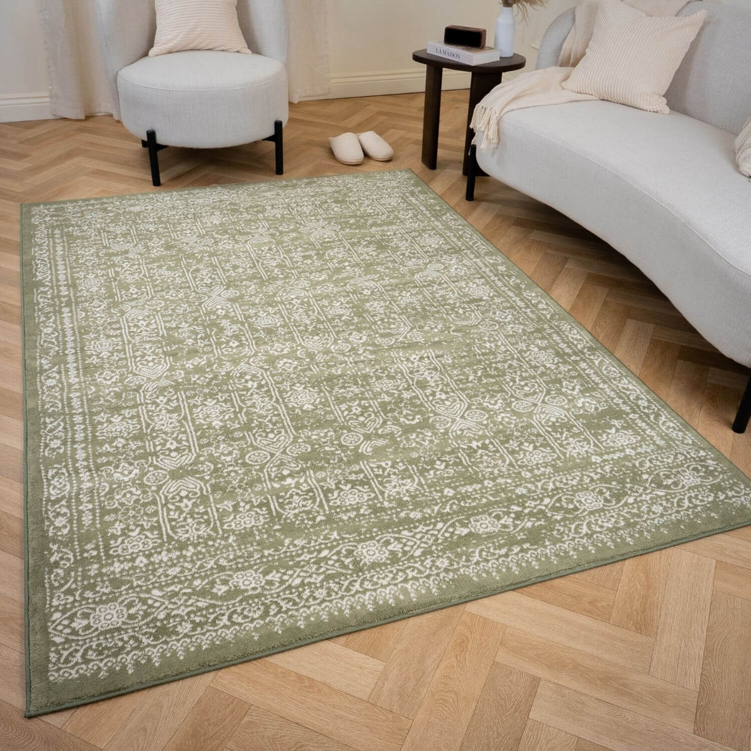 Montana Vintage Green Rug, Effortless Upkeep, stain-resistant, fade-resistant, eco-friendly | The Rugs