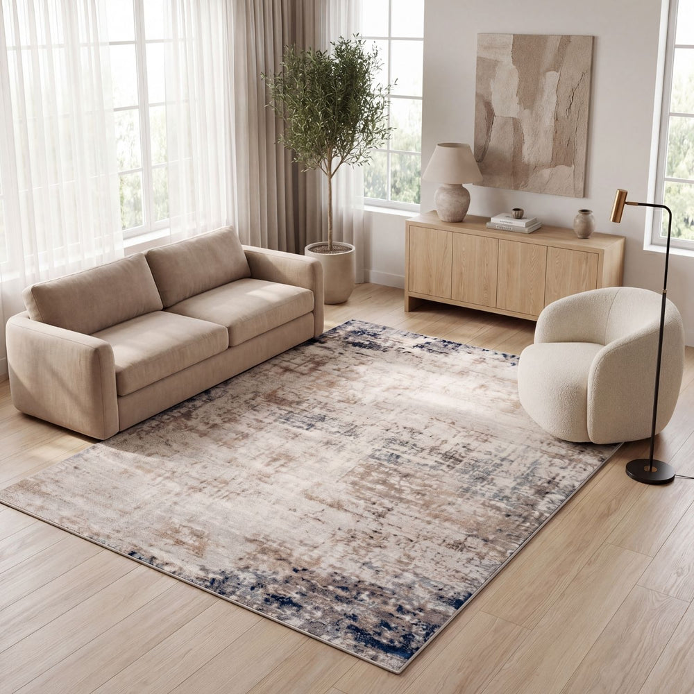 Abstract pattern rug, cream-blue colours, Ideal for busy ares, durable pile.