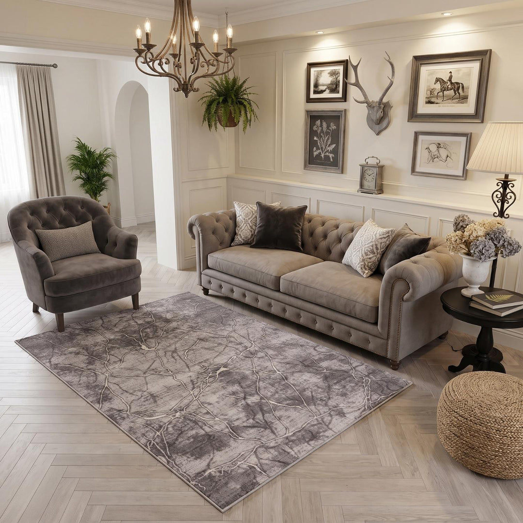 Textured gray and beige area rug with a subtle pattern