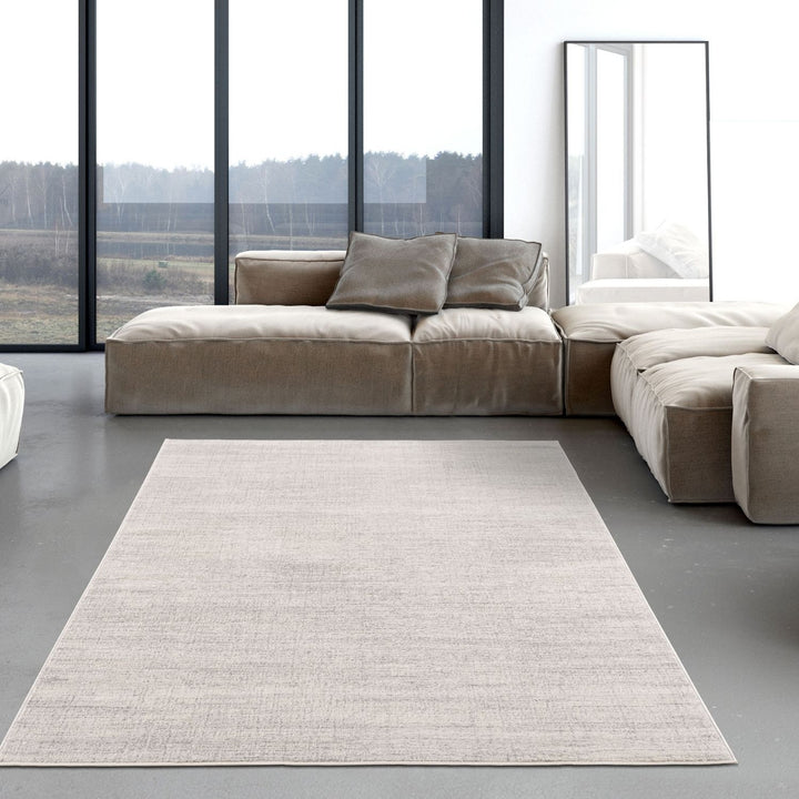 cream and grey rug features an abstract pattern