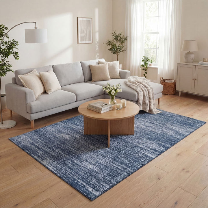 Blue colour rug, Non-shedding, stain-resistant, and pet-friendly.