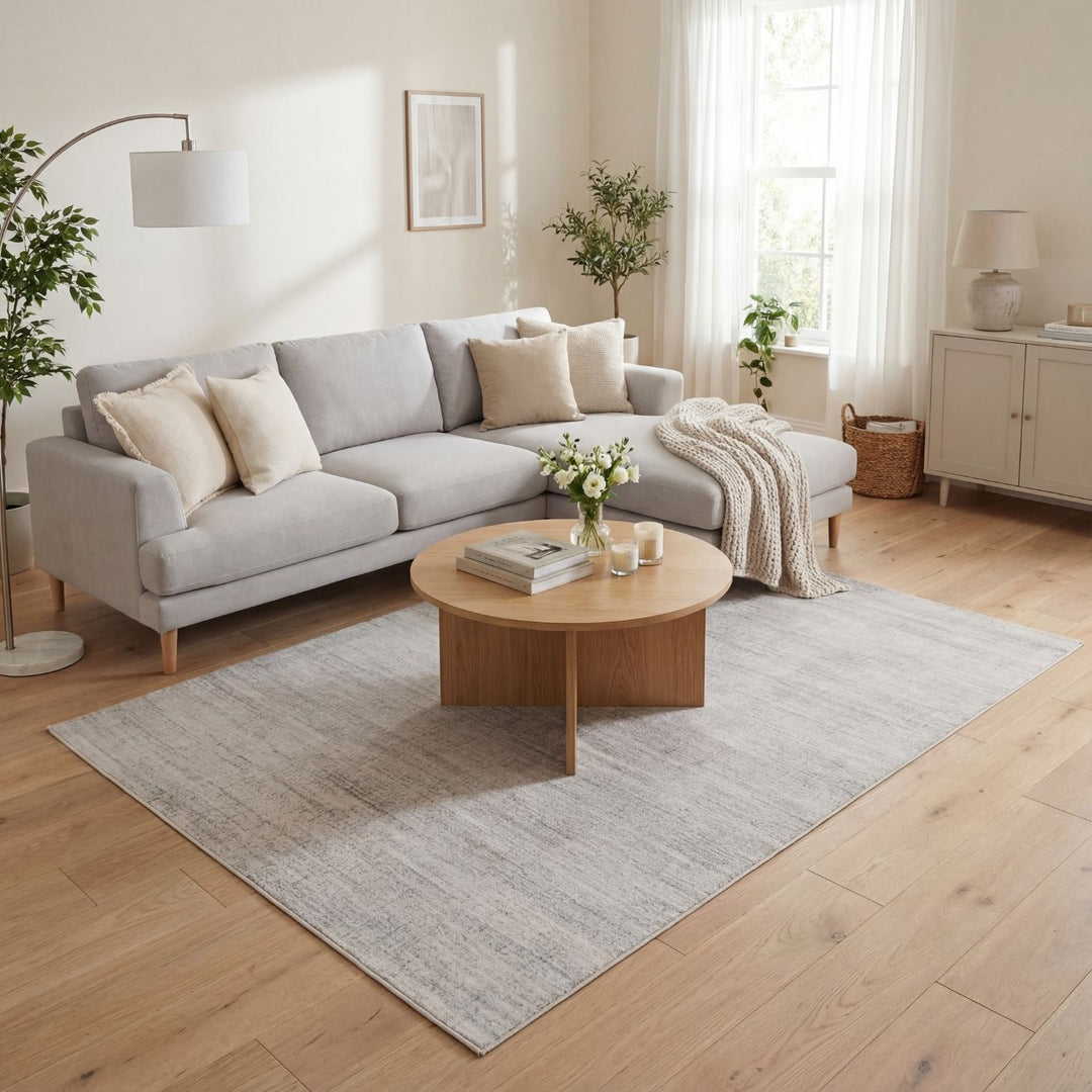 cream and grey rug features an abstract pattern