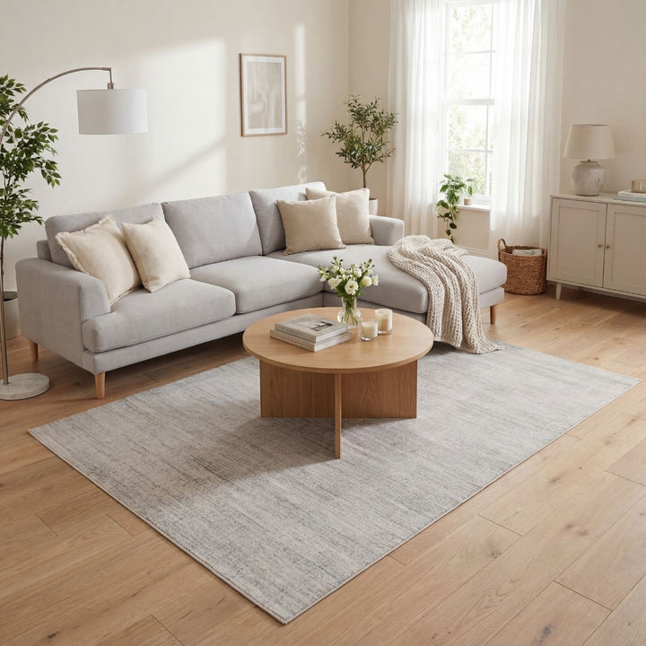 cream and grey rug features an abstract pattern