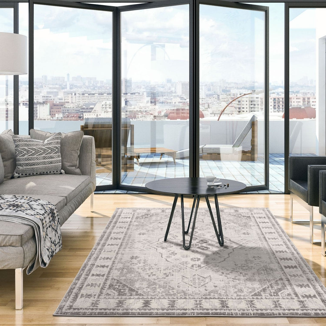Living Room Medallion Design Grey Rug