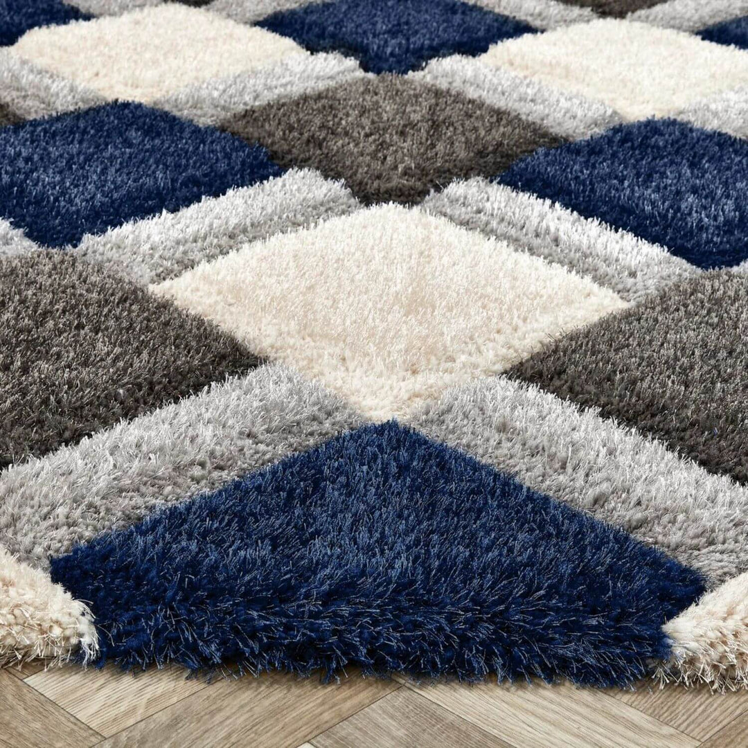 3D Navy Geometric Shaggy Rug | Visual Luxury | The Rugs