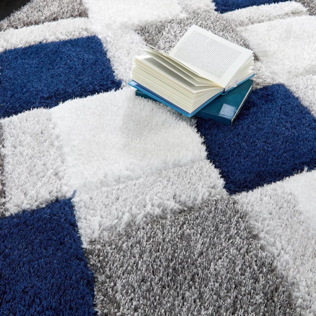 3D Navy Geometric Shaggy Rug | Visual Luxury | The Rugs