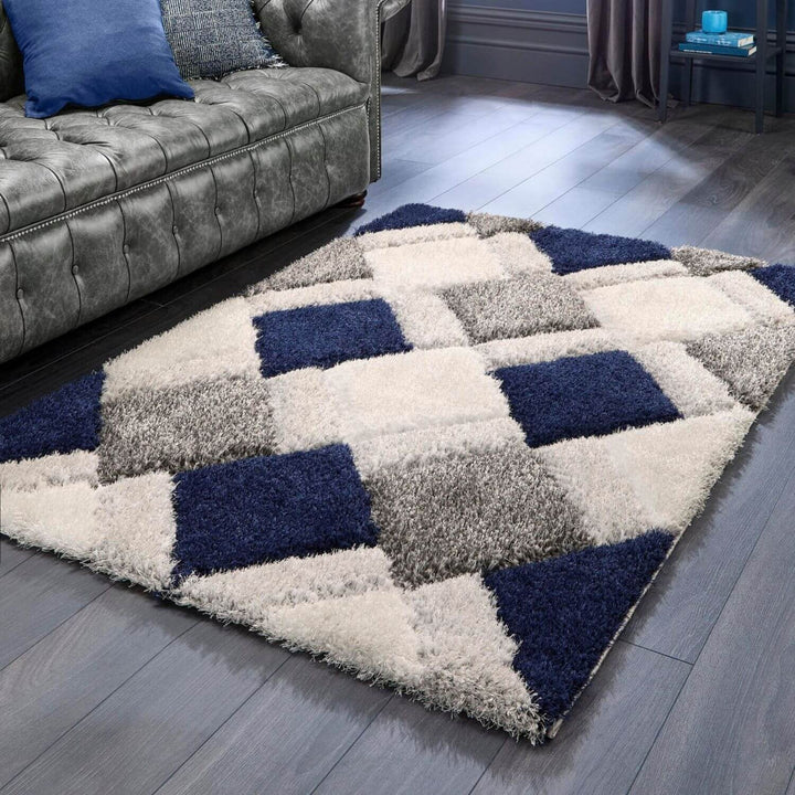 3D Navy Geometric Shaggy Rug | Visual Luxury | The Rugs