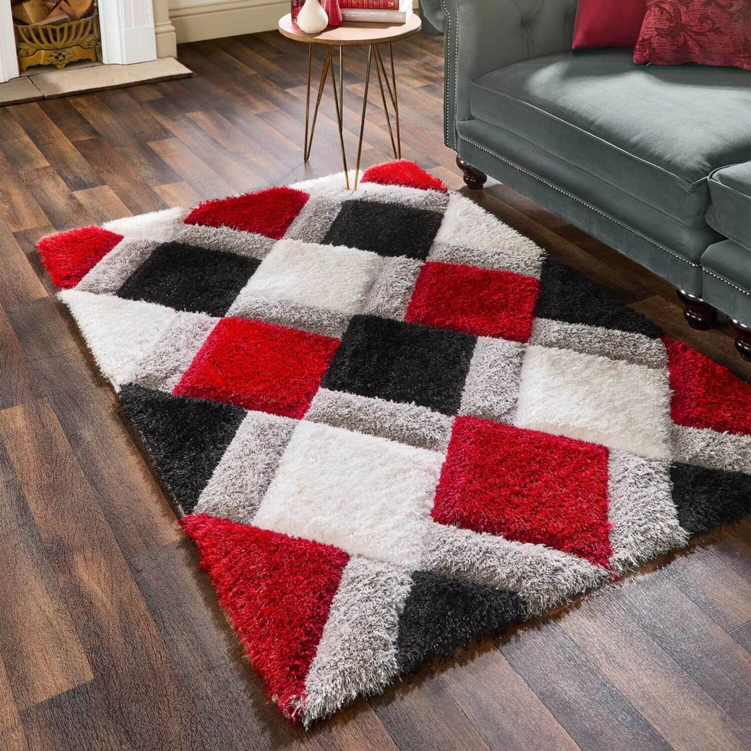 3D Red Geometric Shaggy Rug | Luxurious Polyester | The Rugs