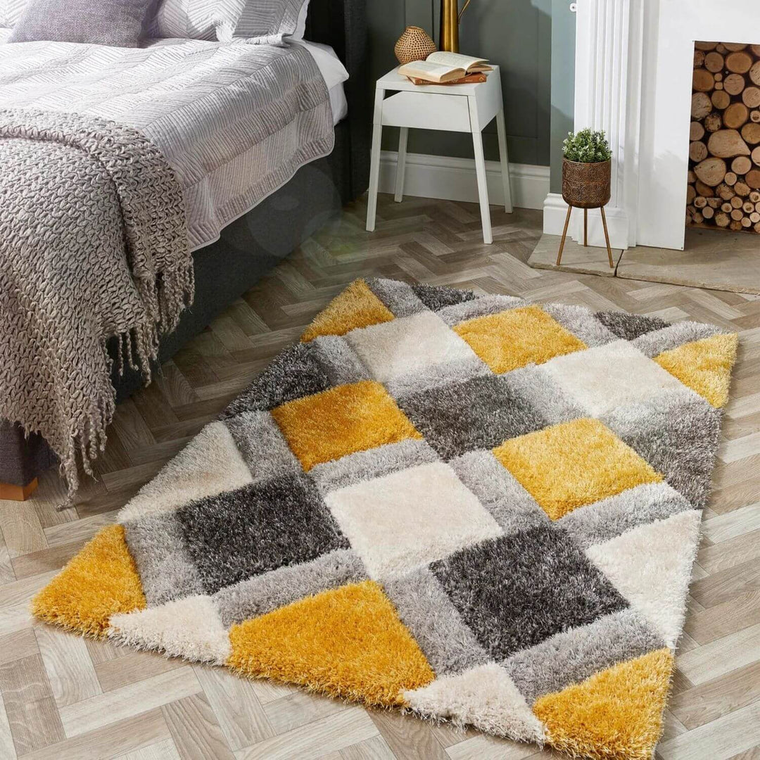 3D Ochre Geometric Shaggy Rug | Stunning Design | The Rugs