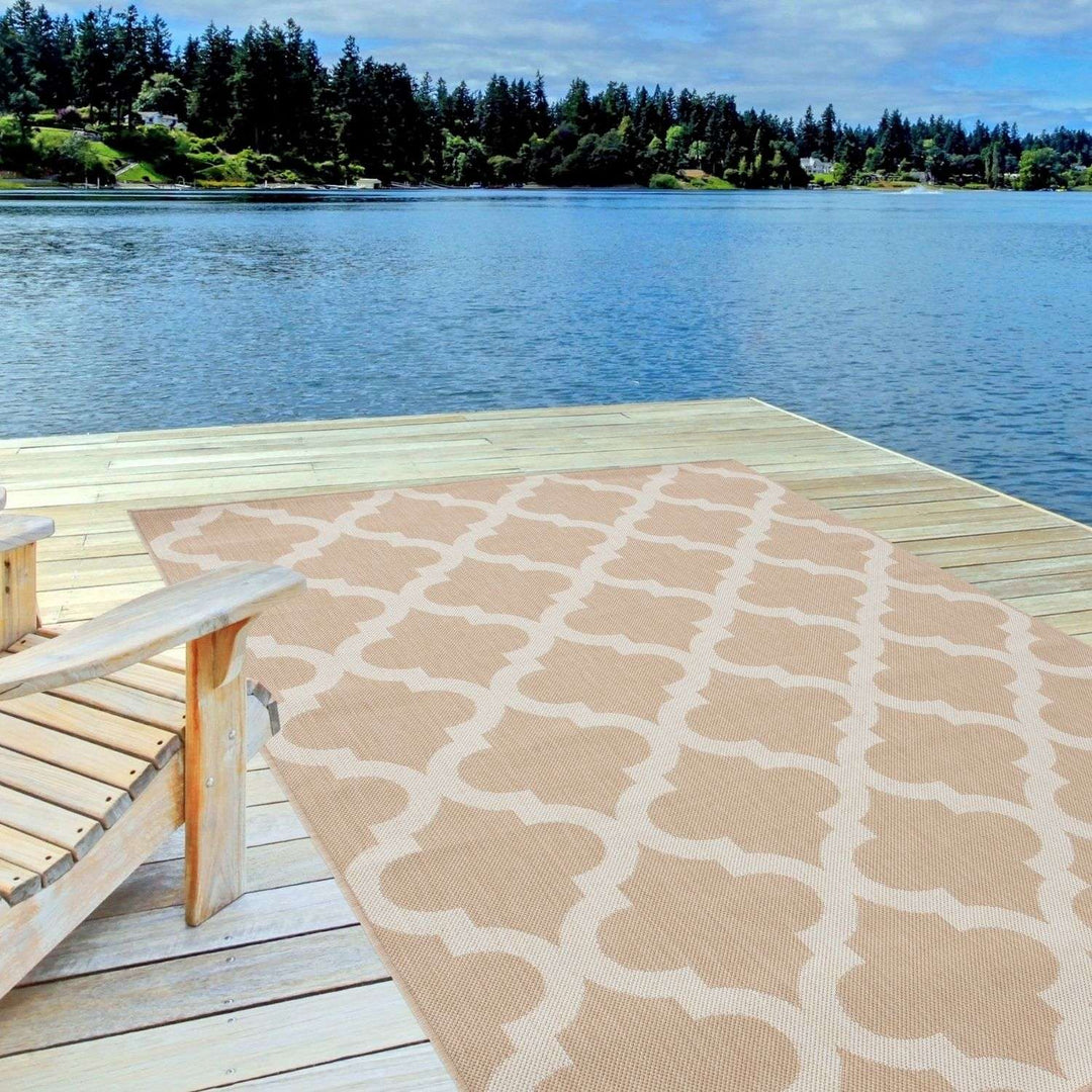 Beige Trellis Design Outdoor Rug for Garden & Patio