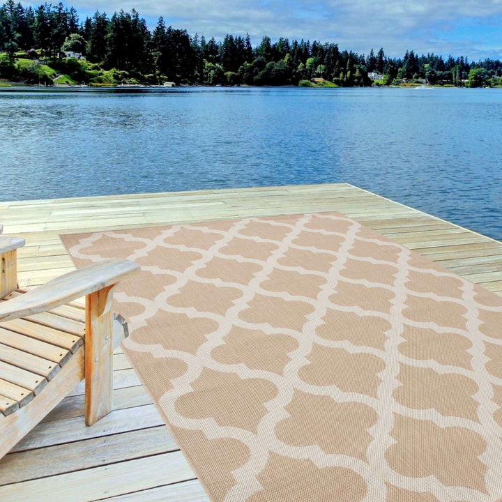 Beige Trellis Design Outdoor Rug for Garden & Patio