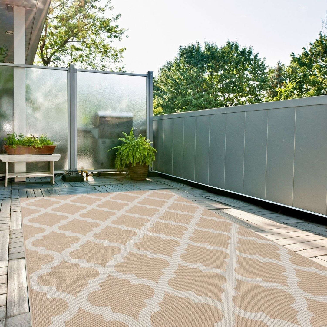 Beige Trellis Design Outdoor Rug for Garden & Patio
